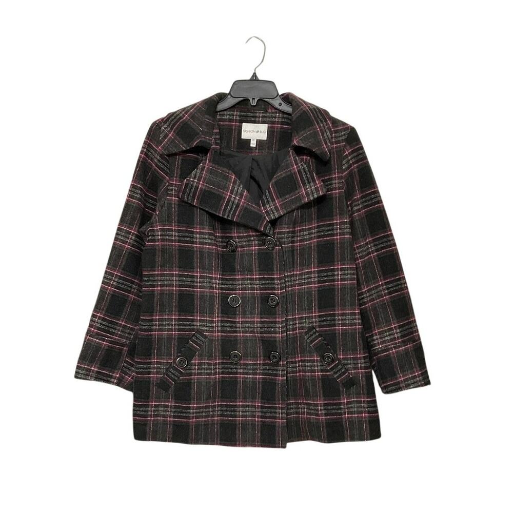 VTG Y2K Double Breasted Plaid Pea Coat Wool Blend Winter Size 0X 12/14W Plus